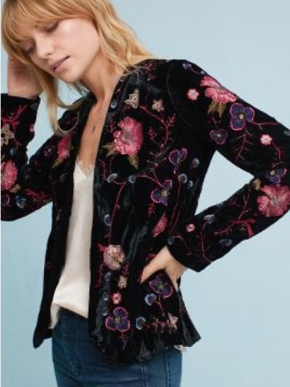 Anthropologie Black Velvet Blazer with Pink & Purple Floral Embroidery